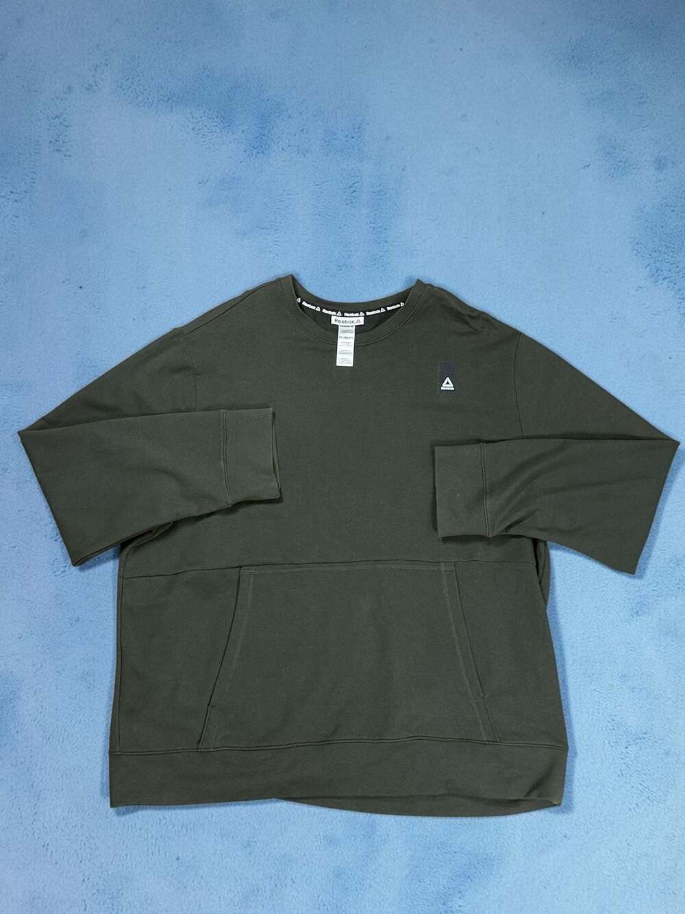 Reebok Long Sleeve Olive Green Crew Neck Sweatshirt with Front Pocket, Size 2XL